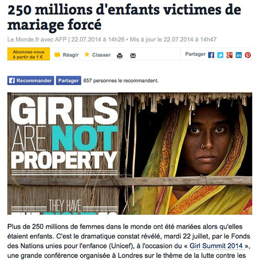 Article du site lemonde.fr qui donne des statistiques sur le nombre de femmes qui sont victimes de mariage forcé.